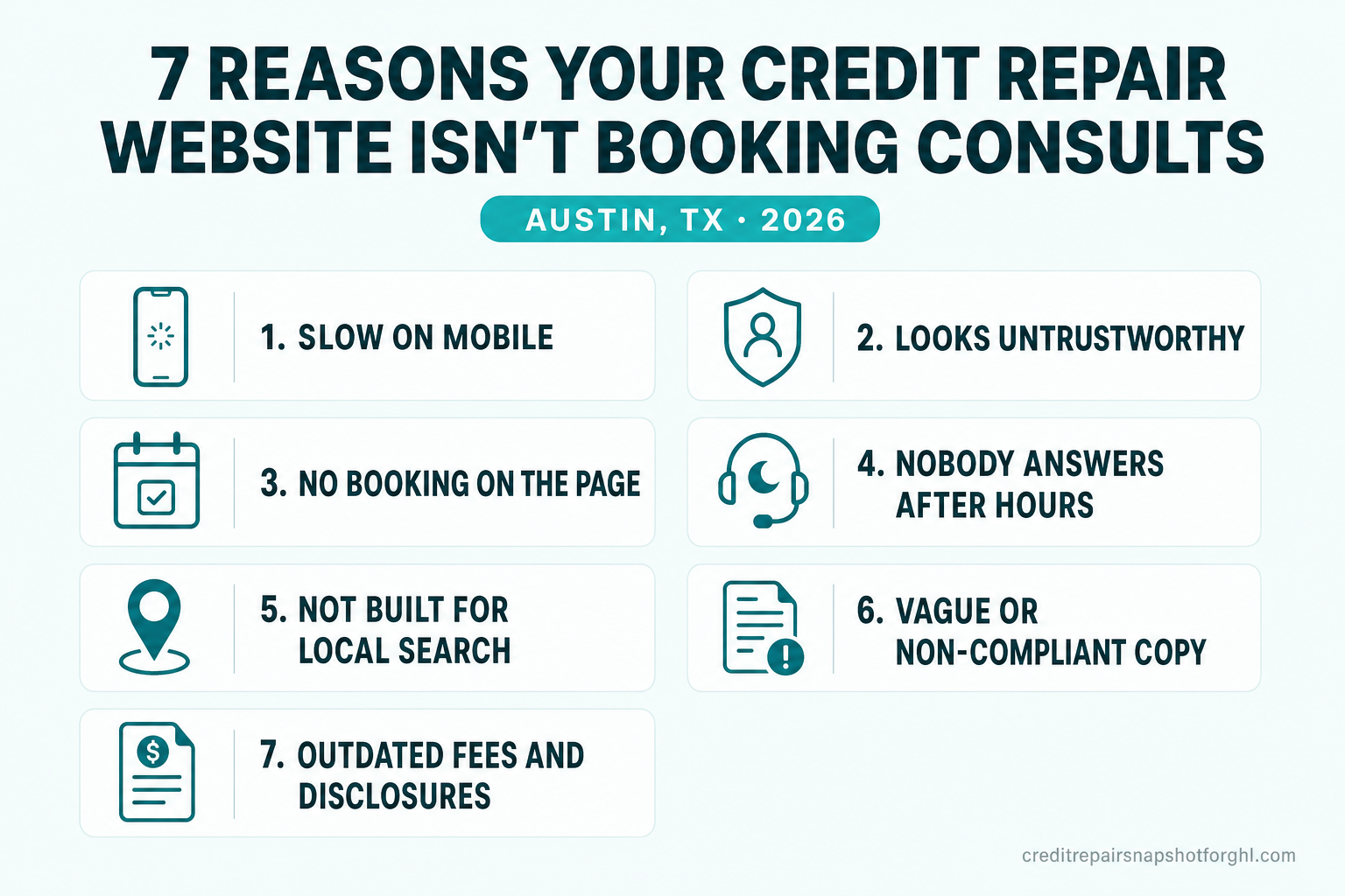Infographic titled '7 Reasons Your Credit Repair Website Isn't Booking Consults — Austin, TX 2026' listing seven conversion leaks: slow on mobile, looks untrustworthy, no booking on the page, nobody answers after hours, not built for local search, vague or non-compliant copy, and outdated fees and disclosures.